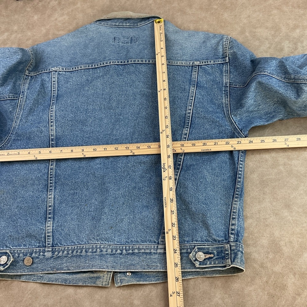 VTG Banana Republic‎ Safari Travel Jean Jacket 90s Denim Leather Trim Trucker L - Picture 3 of 16